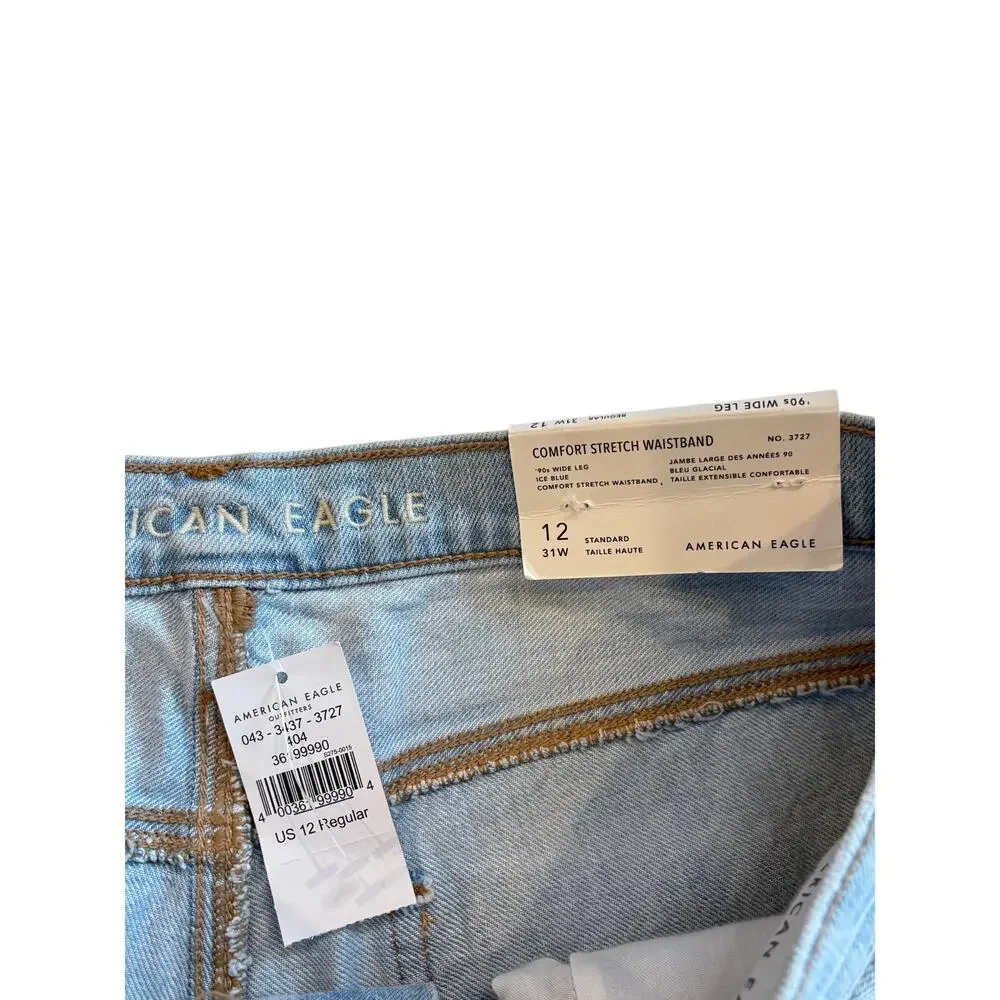 American Eagle 90s Wide Leg Jeans Womens Sz 12 Blue High Rise Stretch Light Wash